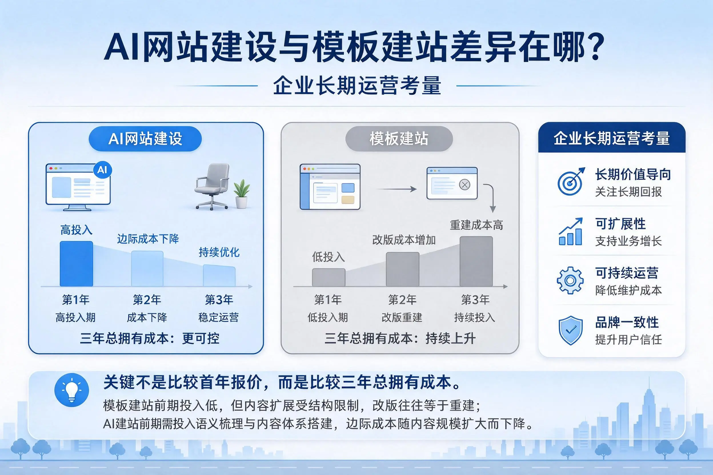 AI网站建设与模板建站差异在哪?宿迁企业长期运营考量